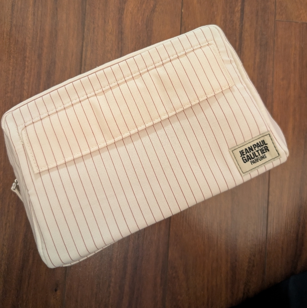 Brand New Jean Paul Gaultier Cream Toiletry Bag with Pinstripe Design
